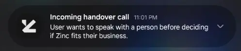 Incoming notification from the HeyZinc Companion App