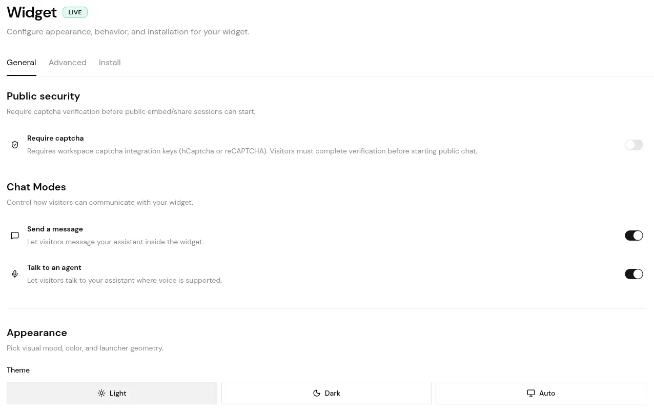 Widget settings page with Embed Channel enabled